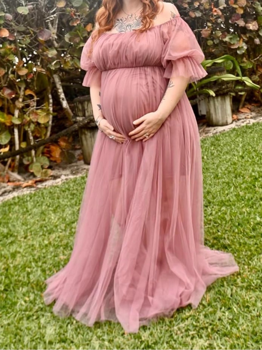 Women's Off Shoulder Tulle Boho Ruffled Maternity Maxi Dress Size Large
